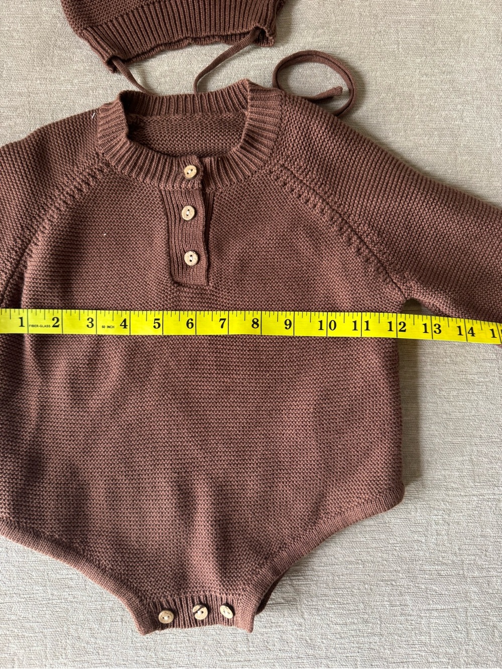 Baby Knit Romper & Pom Pom Bear Bonnet Set Brown Cottagecore Boho Neutral Infant - Picture 6 of 7